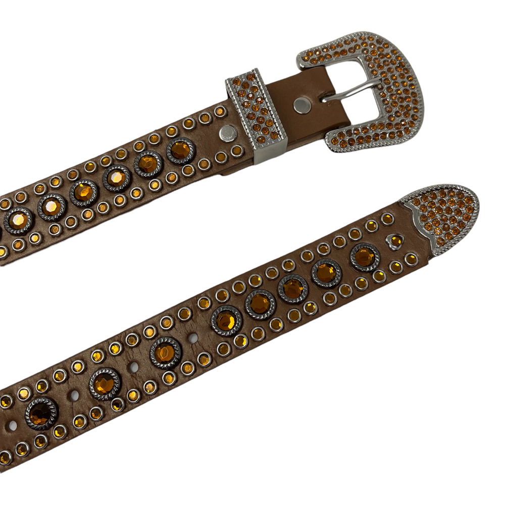 Olga Santini Studded Crystal Leather Belt XL Brown Western Rodeo Cowgirl Bling - Picture 3 of 4